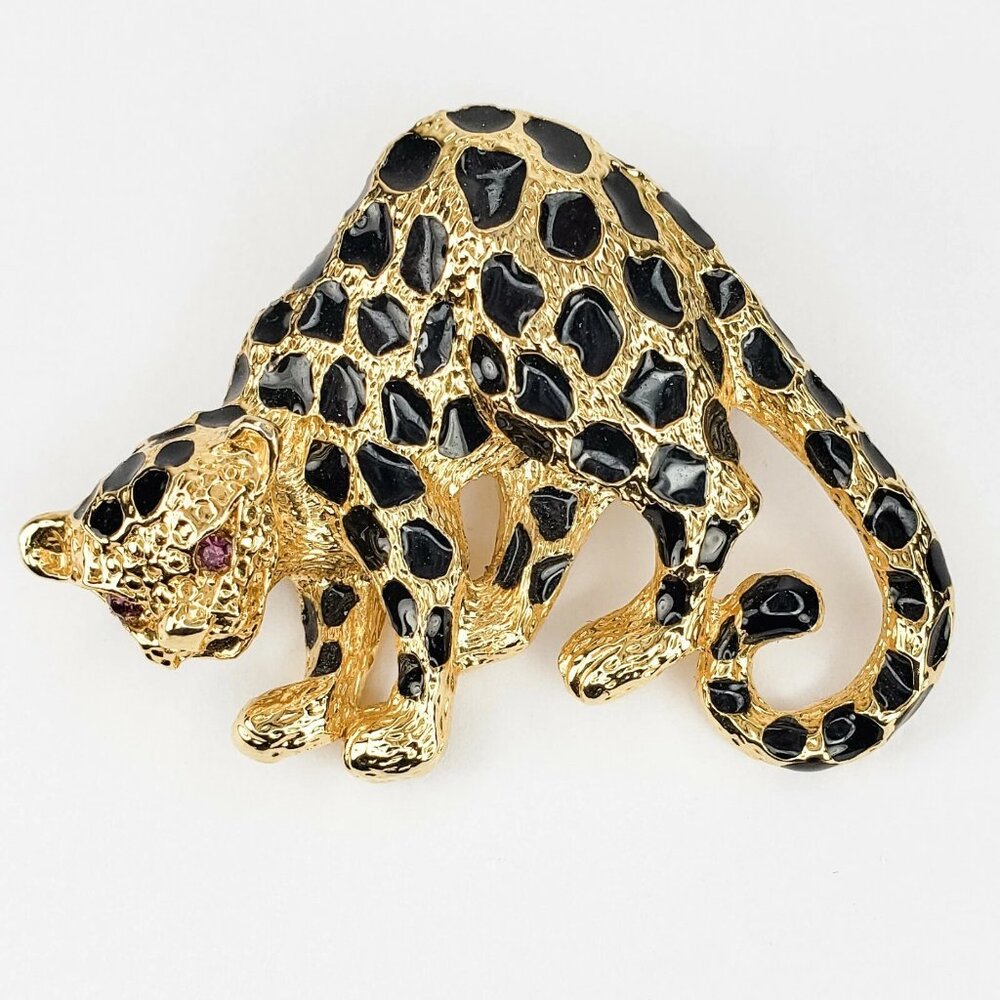 Vintage Park Lane Cheetah Brooch with Pink Rhinestone Eyes - New in packaging